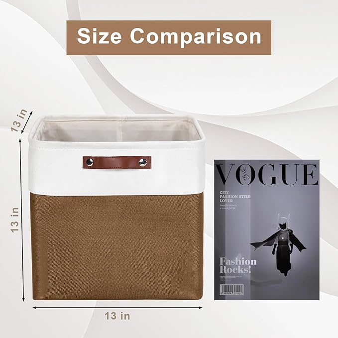 Bagnizer 13x13 Cube Storage Bins, Collapsible Fabric Storage Box, 4 Pack Closet Baskets with Handles for Organizing, Shelf, Toys, Clothes, Home, Office, Nursery (Brown&White)