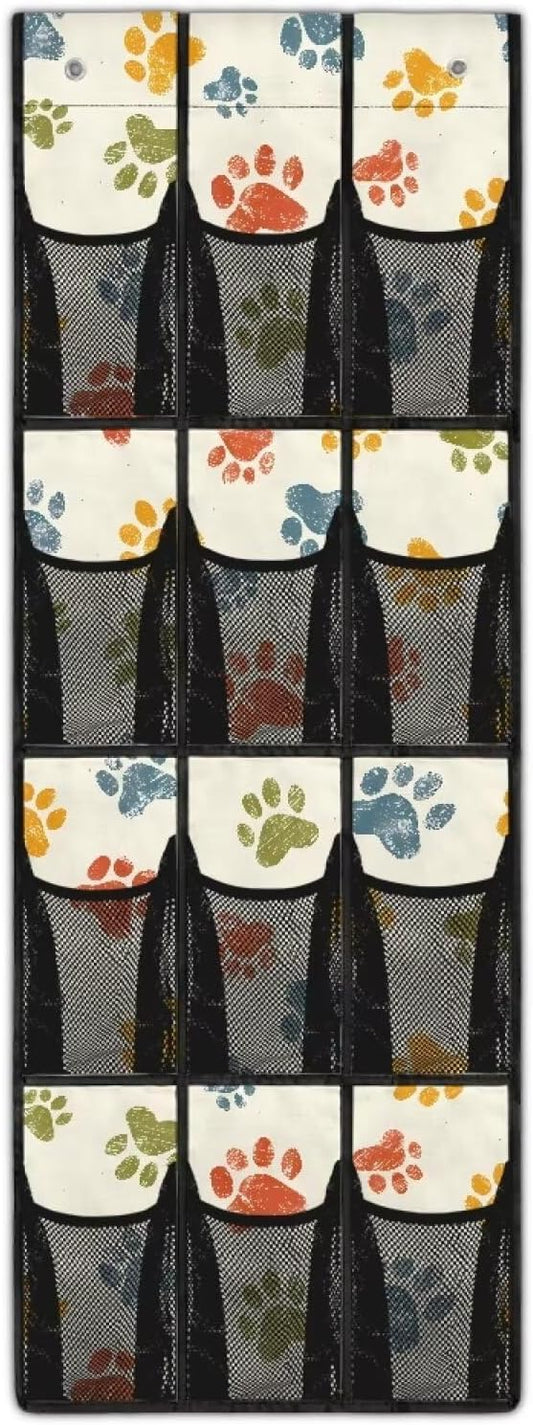 Dog Paw Behind Door Shoes Hang Holder Rack,Shoe Organizer Door Hanger with 12 Mesh Large Pockets,Space Saver,Unique Print