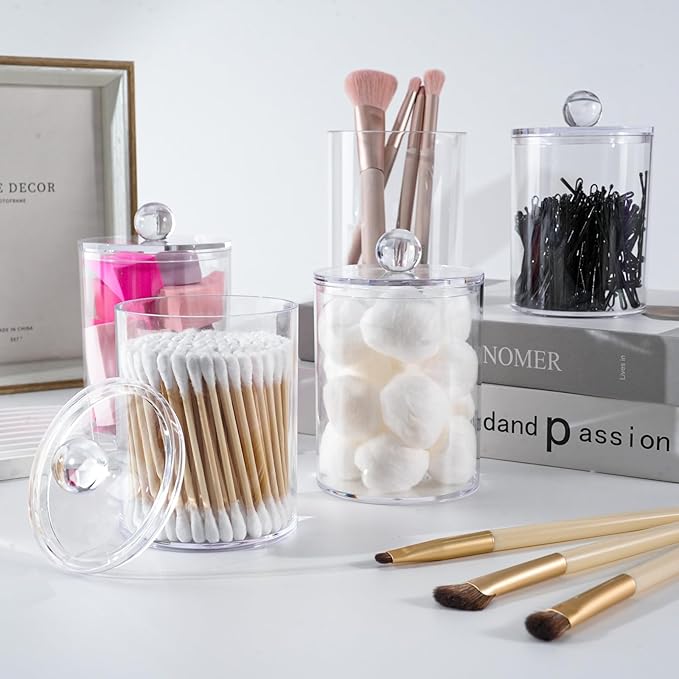 XIPENGKEJI 2 Pack Qtip Holder,Canister Apothecary Jar Set, Bathroom Jars with Lids Set for Cotton Swabs, Balls, Pads, Floss Picks,10oz-12oz Plastic Canisters Restroom Bedroom Vanity Organizer(Clear)