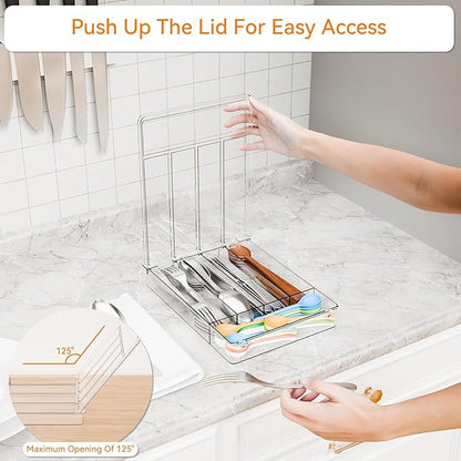 Yieach Clear Silverware Organizer with Lid - 9 inch Wide - Small Silverware Drawer Organizer & Tray and Utensil Drawer Organizers with Lid,BPA Free Plastic Flatware Drawers Organizers for Fork,Spoon