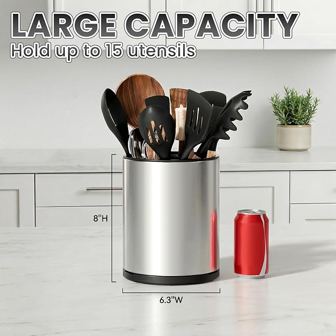 Utensil Holder For Kitchen Counter, Large 360°Rotating Stainless Steel Utensil Crock with 3 Compartment, Drainage Non-Slip