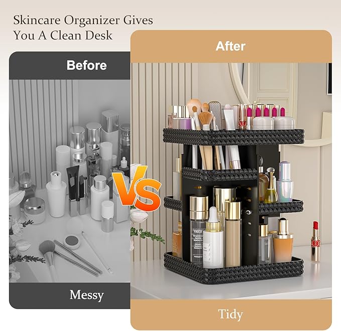 Rotating Makeup Organizer with Makeup Brush Holder,Large Capacity Perfume Organizer for Vanity Countertop,Acrylic Skincare Organizers Spinning Holder Storage Rack (Black)