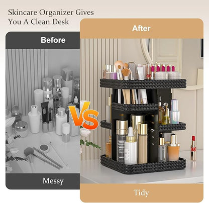 Rotating Makeup Organizer with Makeup Brush Holder,Large Capacity Perfume Organizer for Vanity Countertop,Acrylic Skincare Organizers Spinning Holder Storage Rack (Black)