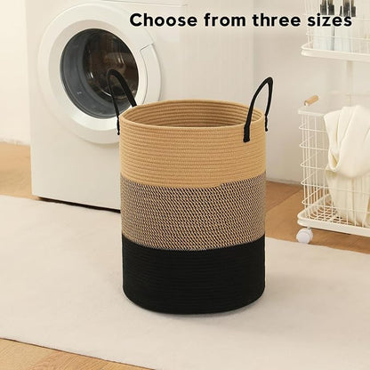 Laundry Basket Hamper Tall Rope Storage Woven for Blanket toys Dirty Clothes in Living Room Bathroom Bedroom (Jute Brown & Black, 80L/21.3Gal)