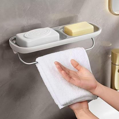 Soap Holder Dish Shower, Bar Soap Holder with Drainage, Self Draining Soap Holder, Wall Mounted Soap Box Tray Container for Bathroom, Bathtub Kitchen Sink (1PC Green-with Towel Rack)