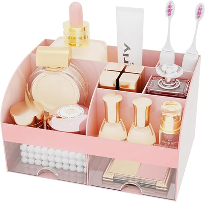 Makeup Organizer with 2 Drawers, Cosmetic Storage for Dresser Vanity and Bathroom Countertop,Make up organization and Skincare Storage with Beauty Brush Holder, Cosmetic Display Case (Pink)