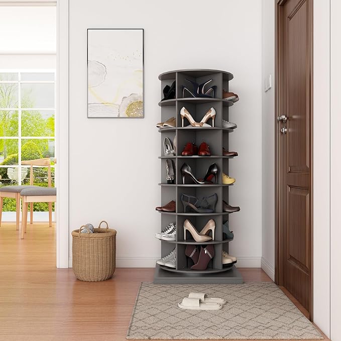 HomVent Rotating Shoe Rack, Wooden 7-Tier Spinning Shoe Rack Tower, Free Standing 360° Revolving Shoe Organizer Shoe Storage Shelf Can Hold Over 28 Pairs Shoes for Entryway Living Room (7-Tier, Gray1)