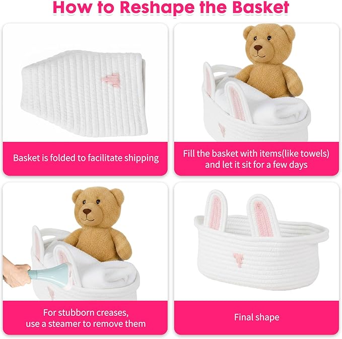 ShellKingdom Storage Basket with Handles, Empty Cute Rabbit Gift Basket with Gift Bags and Ribbon, Small Woven Baskets for Home, Nursery Organizer, 12 X 8 X 5 INCH, Easter White Pink