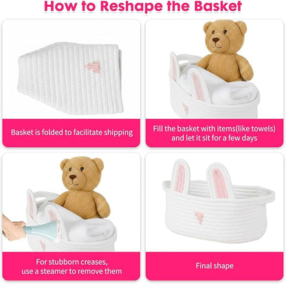 ShellKingdom Storage Basket with Handles, Empty Cute Rabbit Gift Basket with Gift Bags and Ribbon, Small Woven Baskets for Home, Nursery Organizer, 12 X 8 X 5 INCH, Easter White Pink
