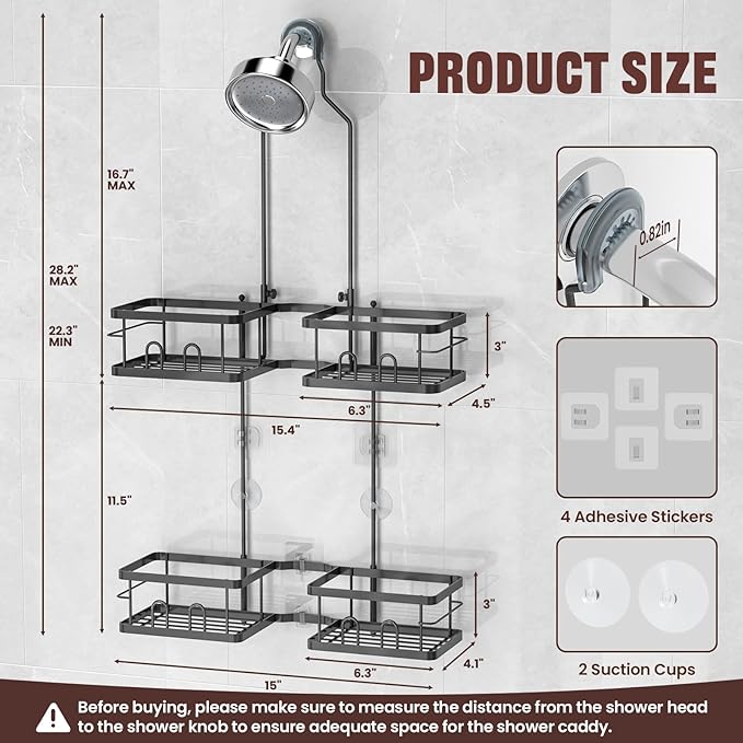 REINHARDT Adjustable Shower Caddy Hanging Rustproof Shower Caddy for Handheld Showerheads, Shower Organizer with Hooks Soap Holder Toothbrush Holder, Anti-Swing Shower Rack Bathroom Accessories, Black