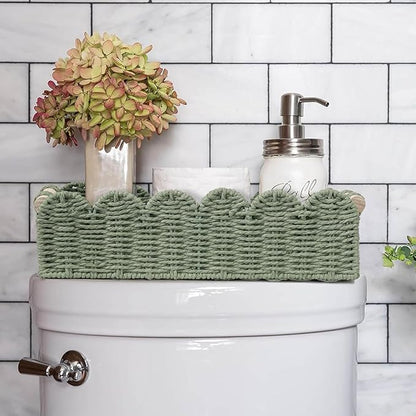 CubesLand Bathroom Basket Organizer, Toilet Tank Paper Storage Baskets 2-Pack, Scalloped Decorative Basket for Countertop w/Handle, Wicker Basket for Bathroom Decor, Home Decor, Living Room, Green