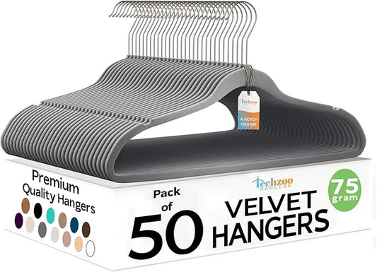 Techzoo Premium Velvet Hangers 50 Pack Ultra Thin Non Slip Adult Felt Space Saving Slim Suit Hanger for Closet Heavy Duty Coat Pants Jackets Dress Hangers 360° Swivel Hook Hold Upto 10 lbs Gray