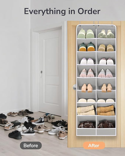 ULG Over The Door Shoe Organizer with 16 Large Pockets, Hanging Shoe Rack for Closet Door, Space Saving Shoe Storage for Boots, Heels & Sneakers,Grey