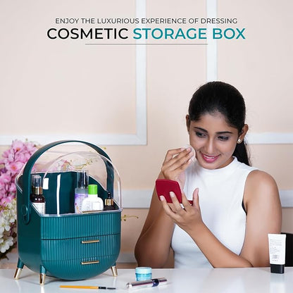Makeup Cosmetic Organizer Box with Drawer Storage - Plastic Oval Storage Organizer with Turn Lock, Large Capacity for Women’s Skincare and Beauty Products (Green)