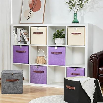 2PCS Storage Cubes with Lid Fabric Storage Bins Boxes PU Leather Handles Cotton Linen Closet Organizer Container Decorative Foldable Washable Shelf Cloth Basket (Zipper Lid, Beige, 11in)