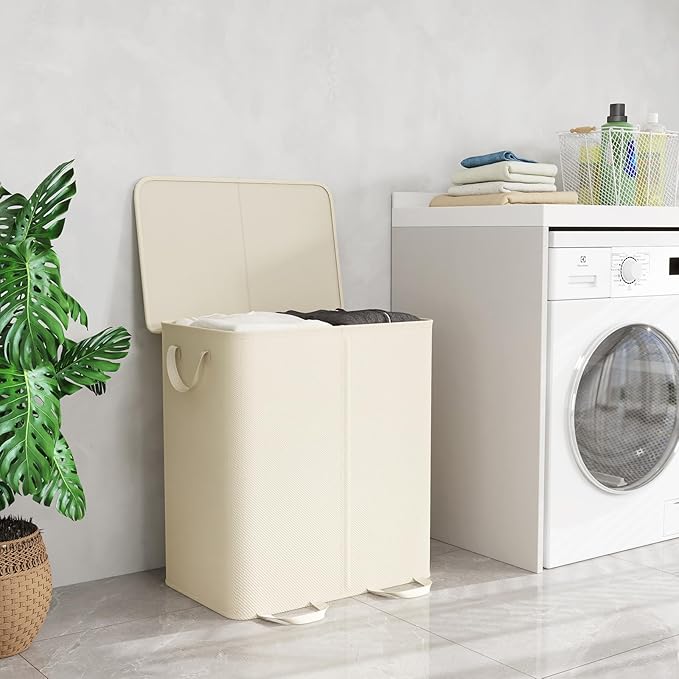 Lifewit Double Laundry Hamper with Lid and Removable Laundry Bags, Large Collapsible 2 Dividers Dirty Clothes Basket with Handles for Bedroom Laundry Room Closet Bathroom College, 155L Ivory White
