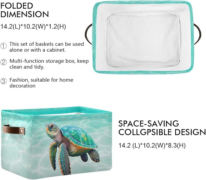 Sea Turtle Beach Large Storage Basket Cube Storage Bin Canvas Fabric Organizer Handles Collapsible Decorative for Clothes Toys Bedroom
