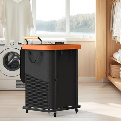 40 Gal (150L) Laundry Hamper with Lid, Leather Patchwork Laundry Basket with Rolling Lockable Wheels and Handle, Laundry Basket Organizer for Laundry Room, Bedroom and Bathroom,Laundry Room - Black