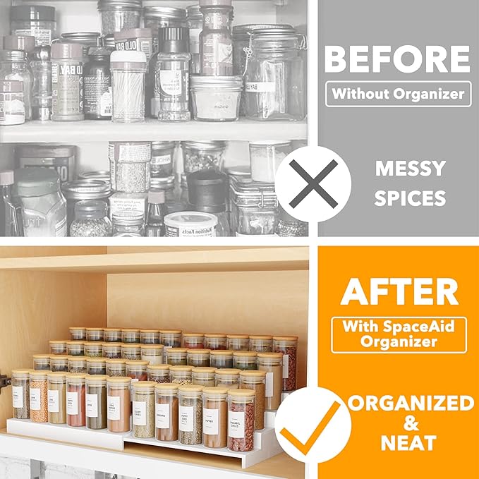 SpaceAid Bamboo Spice Rack Organizer for Cabinet, Kitchen Pantry Spices Storage Rack for Cabinets Organization, Home Seasoning Tiered Can Goods Racks Wood Shelf Organizers (4 Tier, Black)