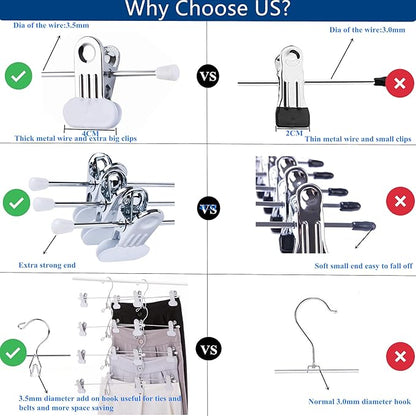 13 Inch White Heavy Duty Add-on Stackable Metal Hanger for Trousers Pants Skirt with Extra Strong Clips Pack of 10