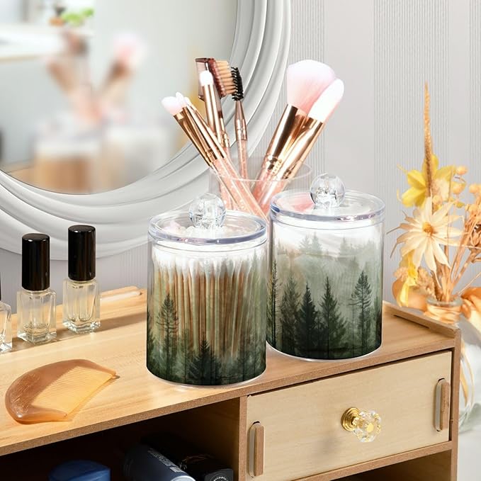 Qilmy Pine Trees Qtip Holder 2 Pack, 14 oz Apothecary Jars Bathroom Vanity Organizer Canister for Qtips, Cotton Swabs, Cotton Balls, Cosmetic Pads, Flossers, Bath Salts