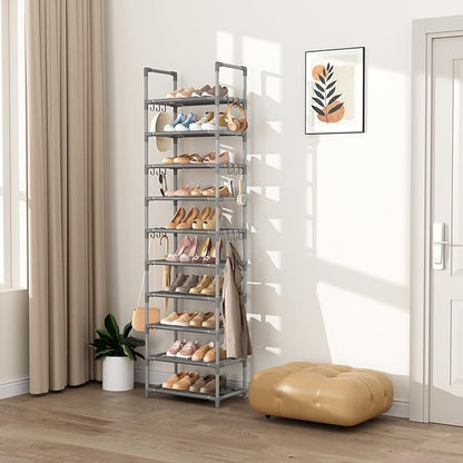 VTRIN 10 Tiers Tall Shoe Rack Holds 20-25 Pairs of Shoes Sturdy Vertical Shoe Organizer with 18pcs Hooks Stackable Narrow Shoe Rack for Closet, Entryway Grey