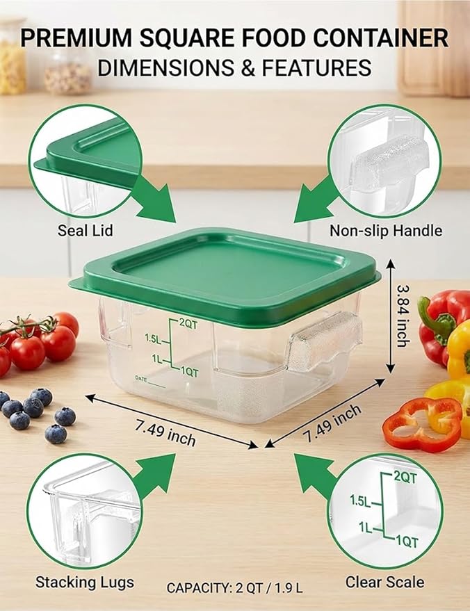4 Pack 2QT Food Storage Containers with Green Lids, Clear Square Restaurant Commercial Food Storage Containers with Handle and Scale, Marinating Container Dough Rising Bucket for Home & Dining