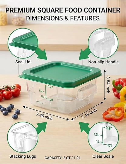 4 Pack 2QT Food Storage Containers with Green Lids, Clear Square Restaurant Commercial Food Storage Containers with Handle and Scale, Marinating Container Dough Rising Bucket for Home & Dining