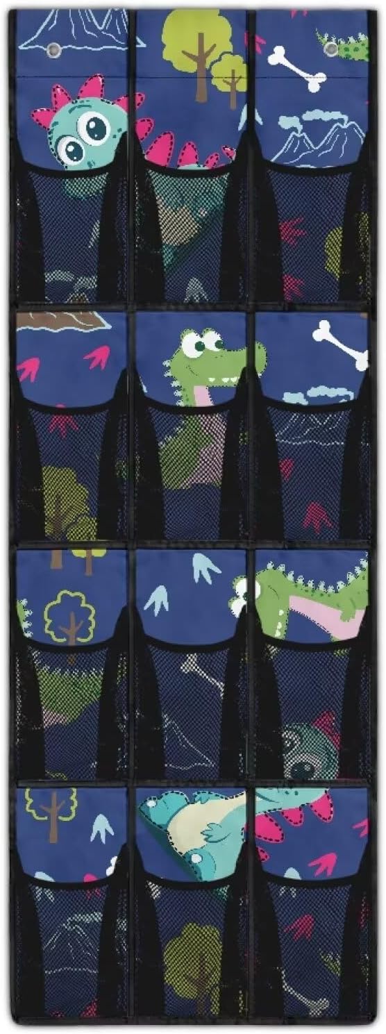 Over The Door Organizer, Dinosaur 4 Shelf Hanging Storage Organizer with 12 Clear Mesh Shoe Organizer Door Hanger Closet Hanging Rack for Toys Snacks Shoes