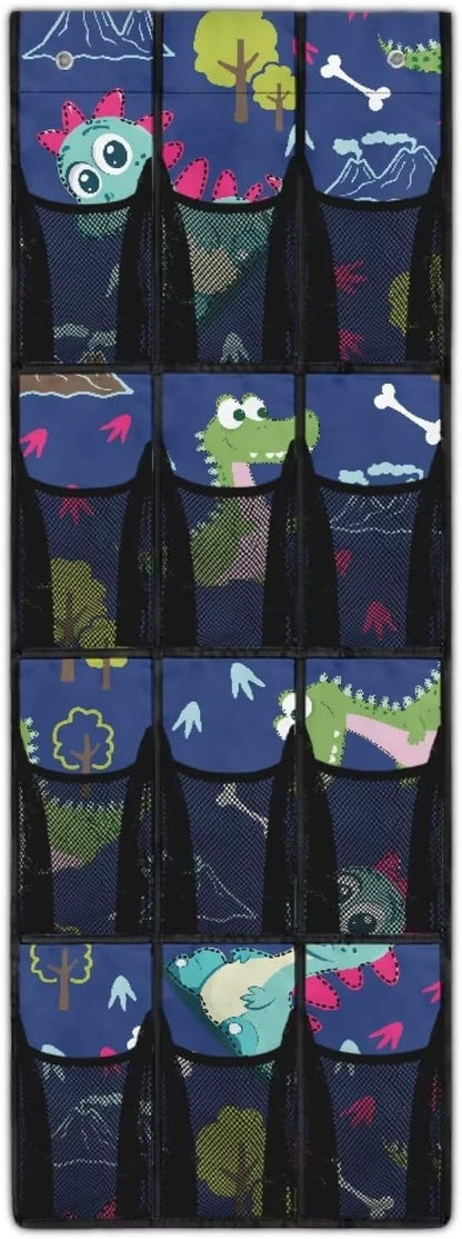Over The Door Organizer, Dinosaur 4 Shelf Hanging Storage Organizer with 12 Clear Mesh Shoe Organizer Door Hanger Closet Hanging Rack for Toys Snacks Shoes