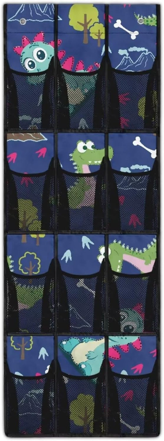 Over The Door Organizer, Dinosaur 4 Shelf Hanging Storage Organizer with 12 Clear Mesh Shoe Organizer Door Hanger Closet Hanging Rack for Toys Snacks Shoes