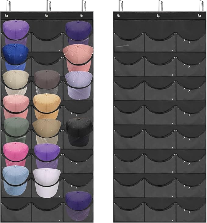 BiCINE Hat Rack for Baseball Caps, 24 Pocket Over the Door Hat Organizer with 3 Hooks, Hat Holder for Door with Large Clear Pockets, Hat Storage to Protect and Display, Black - 1 Pack