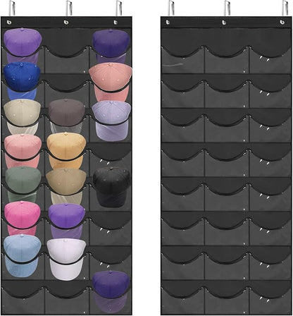 BiCINE Hat Rack for Baseball Caps, 24 Pocket Over the Door Hat Organizer with 3 Hooks, Hat Holder for Door with Large Clear Pockets, Hat Storage to Protect and Display, Black - 1 Pack