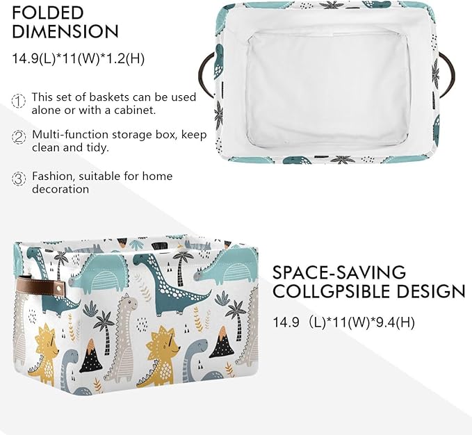 Dino Scandinavian Style Rectangle Storage Bin, 15 x 11 x 9.5 in, Collapsible Organizer Storage Basket for Home Décor