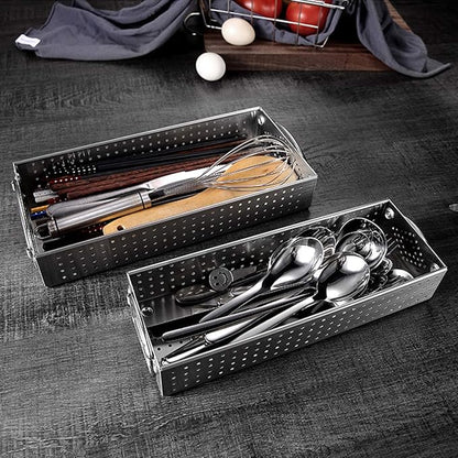 Large Silverware Drawer Organizer, 304 Stainless Steel Mesh Utensil Organizer for Kitchen Drawers Organizer Metal Flatware Tray for Knives, Spoons,Cosmetic - 12.0x5.5X2.0 Inch