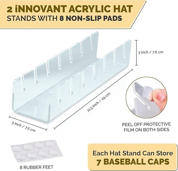 iNNOVANT Baseball Cap Stand, 2 Pcs Acrylic Hat Organizer for 14 Baseball Caps, Hat Racks for caps Display and Organizer for Bedroom, Closet, Dresser, Office (Clear x 2)