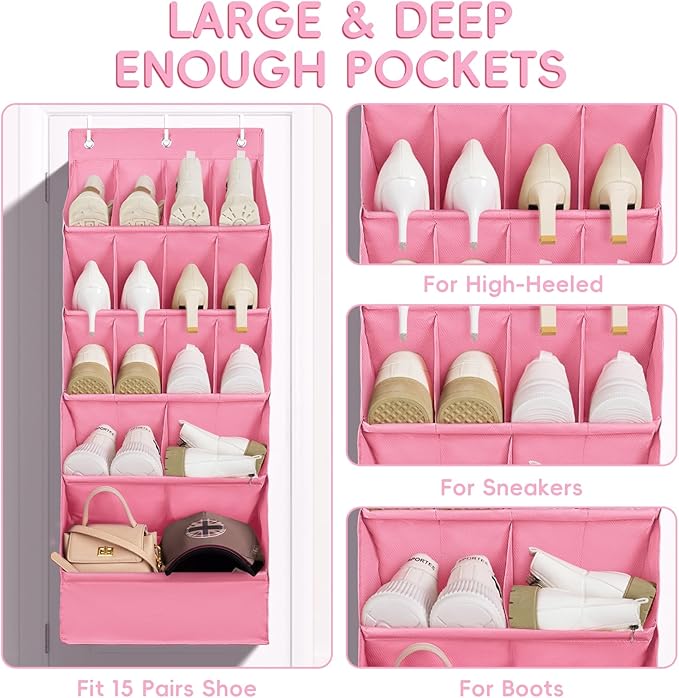 FENTEC 1 Pack Over-the-Door-Shoe-Organizers, Hanging Shoe Organizers with Large Pocket Shoe Holder Hanging Shoe Rack for Closet Shoes Organizer for Wall, Over Door Organizer with 15 Pockets Pink