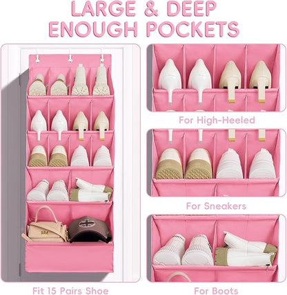 FENTEC 1 Pack Over-the-Door-Shoe-Organizers, Hanging Shoe Organizers with Large Pocket Shoe Holder Hanging Shoe Rack for Closet Shoes Organizer for Wall, Over Door Organizer with 15 Pockets Pink