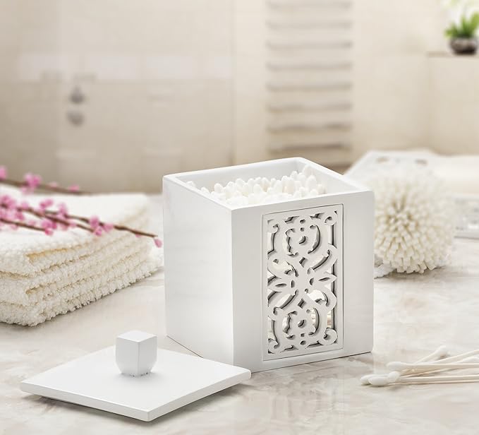 Creative Scents Mirror Janette White Qtip Holder With Lid - Decorative Cotton Ball Jar - Durable Cotton Swab Container - Beautiful Bathroom Vanity Accessories - Elegant Bath Storage