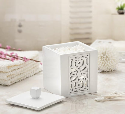 Creative Scents Mirror Janette White Qtip Holder With Lid - Decorative Cotton Ball Jar - Durable Cotton Swab Container - Beautiful Bathroom Vanity Accessories - Elegant Bath Storage