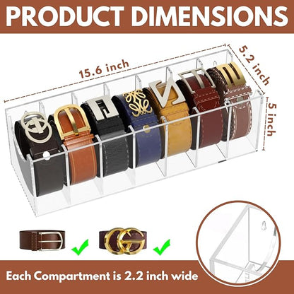 Acrylic Belt Organizer with 7 Compartments – Clear Belt Container Display Holder for Closet or Drawer, Ideal Storage Box for Belts, Ties, and Accessories for Men and Women, Home Use