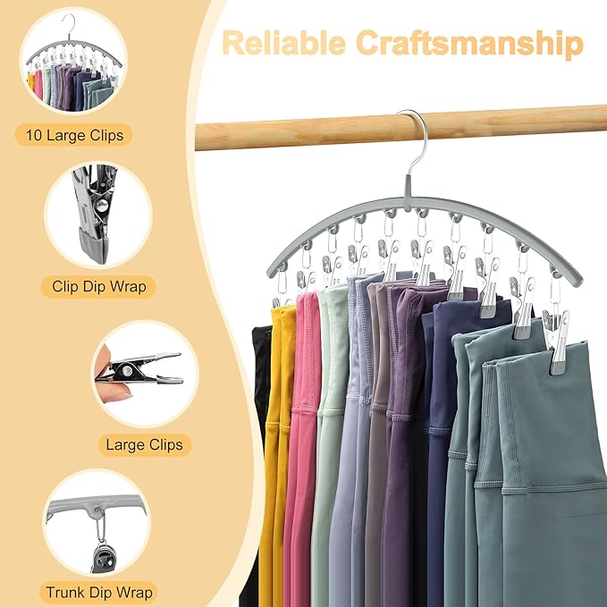 Volnamal Legging Organizer for Closet, Metal Yoga Pants Hanger w/Rubber Coated 2 Pack w/10 Clips Hold 20 Leggings, Hangers Space Saving Hanging Closet Organizer for Closet Organizers and Storage-Grey