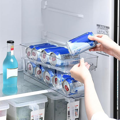 Refrigerator Organizer Bins, Automatic Rolling Transparent Beverage Can Storage, Refrigerator Storage Box, Double Layer Clear Plastic Container, Refrigerator Beverage Can Storage Organizer