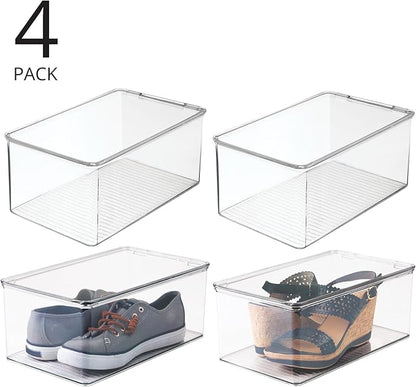mDesign Stackable Plastic Closet Storage Container Bin Box with Hinge Lid for Organizing Shoes, Booties, Pumps, Sandals, Wedges, Flats, Heels - Lumiere Collection - 4 Pack - Clear