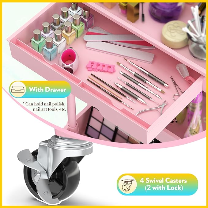SUNALLY Makeup Cart Organizer with Drawers, 4 Tier Floor Skincare Organizers for Vanity, Rolling Makeup Bathroom Storage Cart Cosmetics Display Cases for Skin Care Perfume Nail Polish, Pink