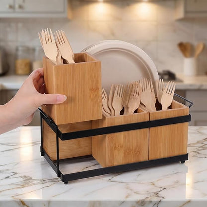 Silverware Caddy Utensil Holder for Party Countertop, Wood Cutlery Flatware Organizer Box Holder Paper Plate Dispenser with 4 Compartments Portable Handle for Spoons Forks Plates Napkins