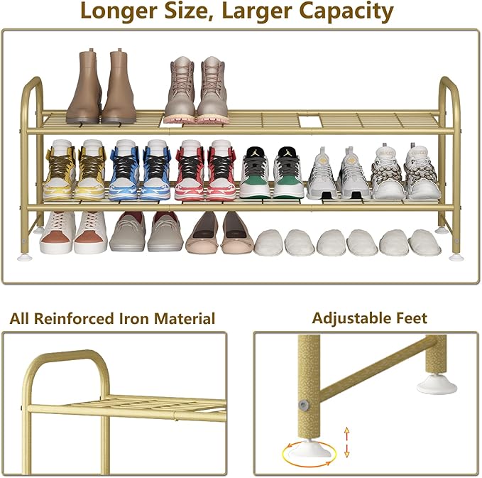 LINZINAR Shoe Rack Long 2 Tier Shoe Storage Organizer Metal Wide Shoe Shelf for Closet Entryway Bedroom 18 Paris Large Capacity, Gold