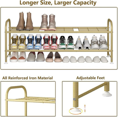 LINZINAR Shoe Rack Long 2 Tier Shoe Storage Organizer Metal Wide Shoe Shelf for Closet Entryway Bedroom 18 Paris Large Capacity, Gold