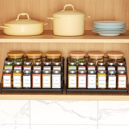 BOIVSHI 4 Tier Spice Rack Organzier, Spice Rack for Cabinet, Adjustable Depth Seasoning Shelf for Countertop, Pantry, Seasoning Organizer, Metal, Black (2 Pack)