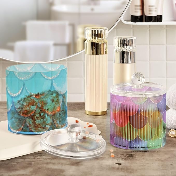 2 Pack Qtip Dispenser Apothecary Jars with Lids Cotton Round Holder Bathroom Canisters for Cotton Swab Floss Ball Pads Clear Plastic Decorative Blue Fish Scale